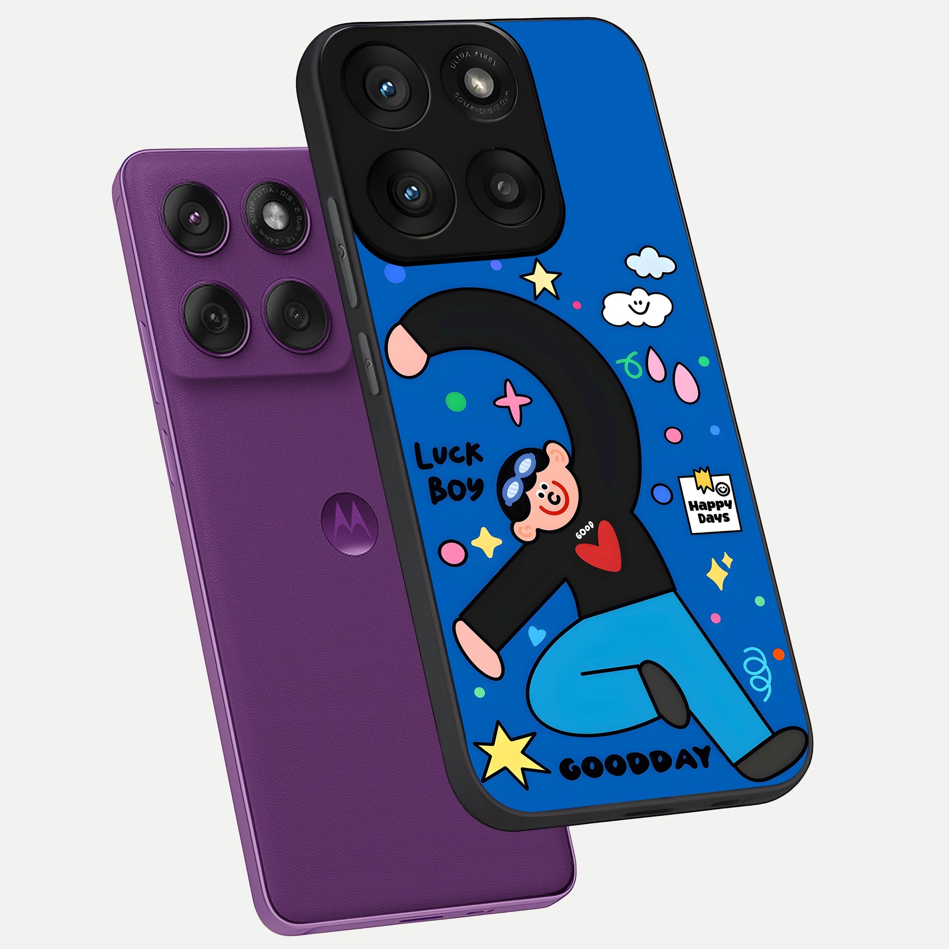  Happy Luck Vibe phone case For Moto Edge 60 Pro showing premium glass back cover with detailed artwork