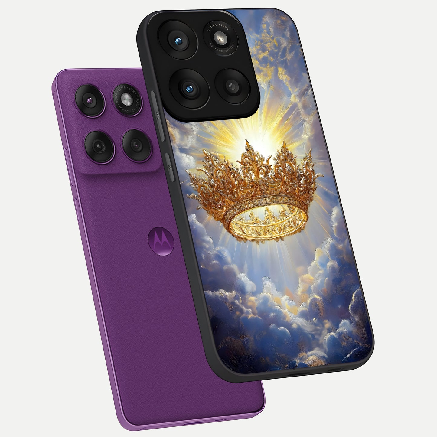  Heavenly Crown Light phone case For Moto Edge 60 Pro showing premium glass back cover with detailed artwork