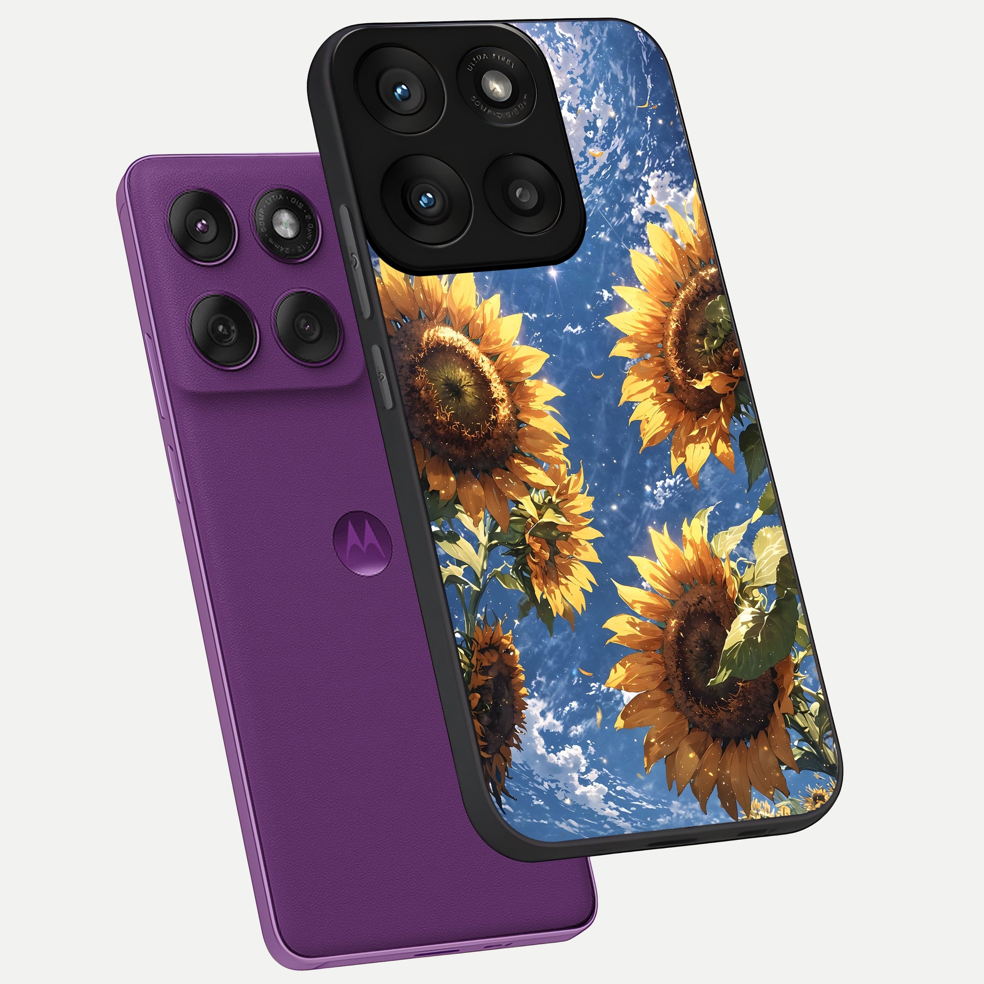  Heavenly Sunflower Rise phone case For Moto Edge 60 Pro showing premium glass back cover with detailed artwork