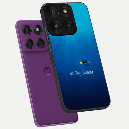  Just Keep Swimming phone case For Moto Edge 60 Pro showing premium glass back cover with detailed artwork