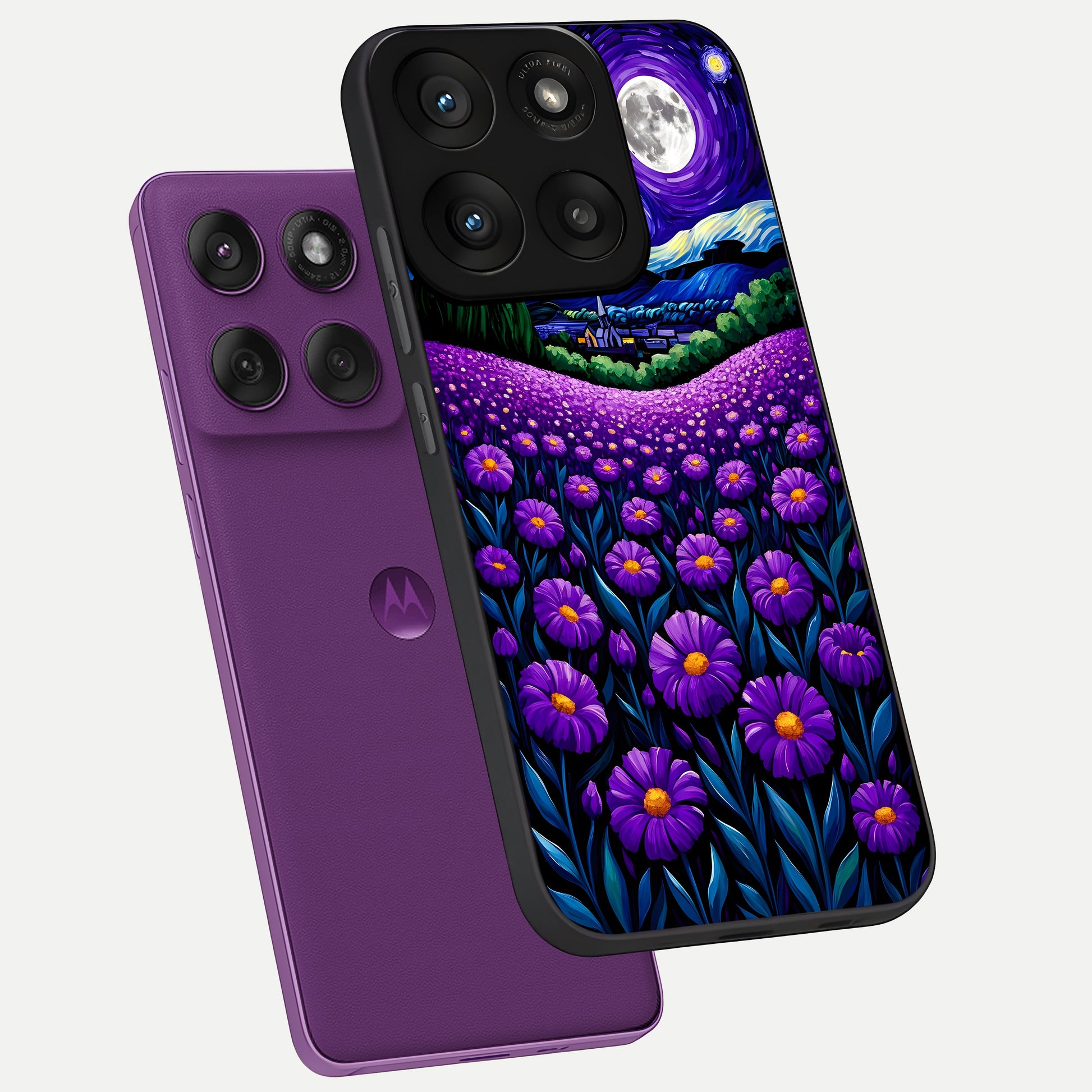  Lavender Moon Field phone case For Moto Edge 60 Pro showing premium glass back cover with detailed artwork