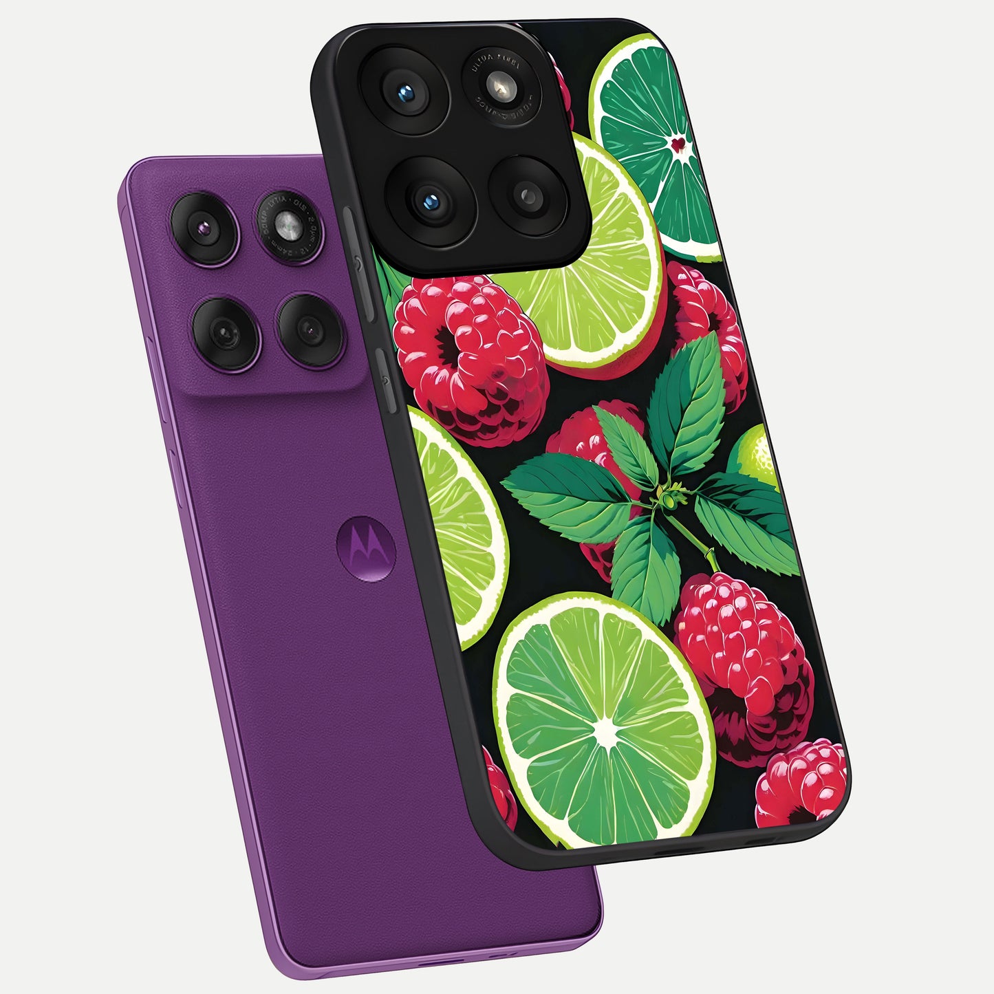  Lime and Raspberry Pattern phone case For Moto Edge 60 Pro showing premium glass back cover with detailed artwork