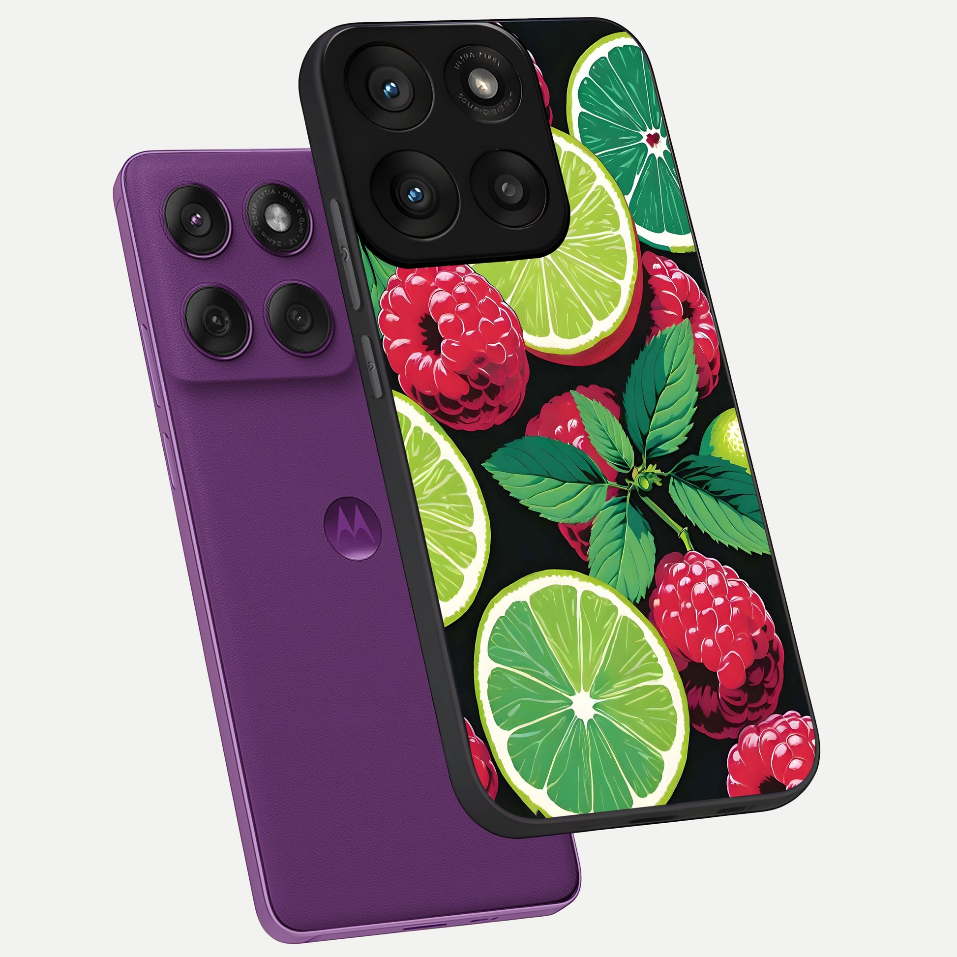  Lime and Raspberry Pattern phone case For Moto Edge 60 Pro showing premium glass back cover with detailed artwork