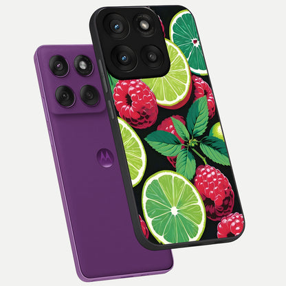  Lime and Raspberry Pattern phone case For Moto Edge 60 Pro showing premium glass back cover with detailed artwork
