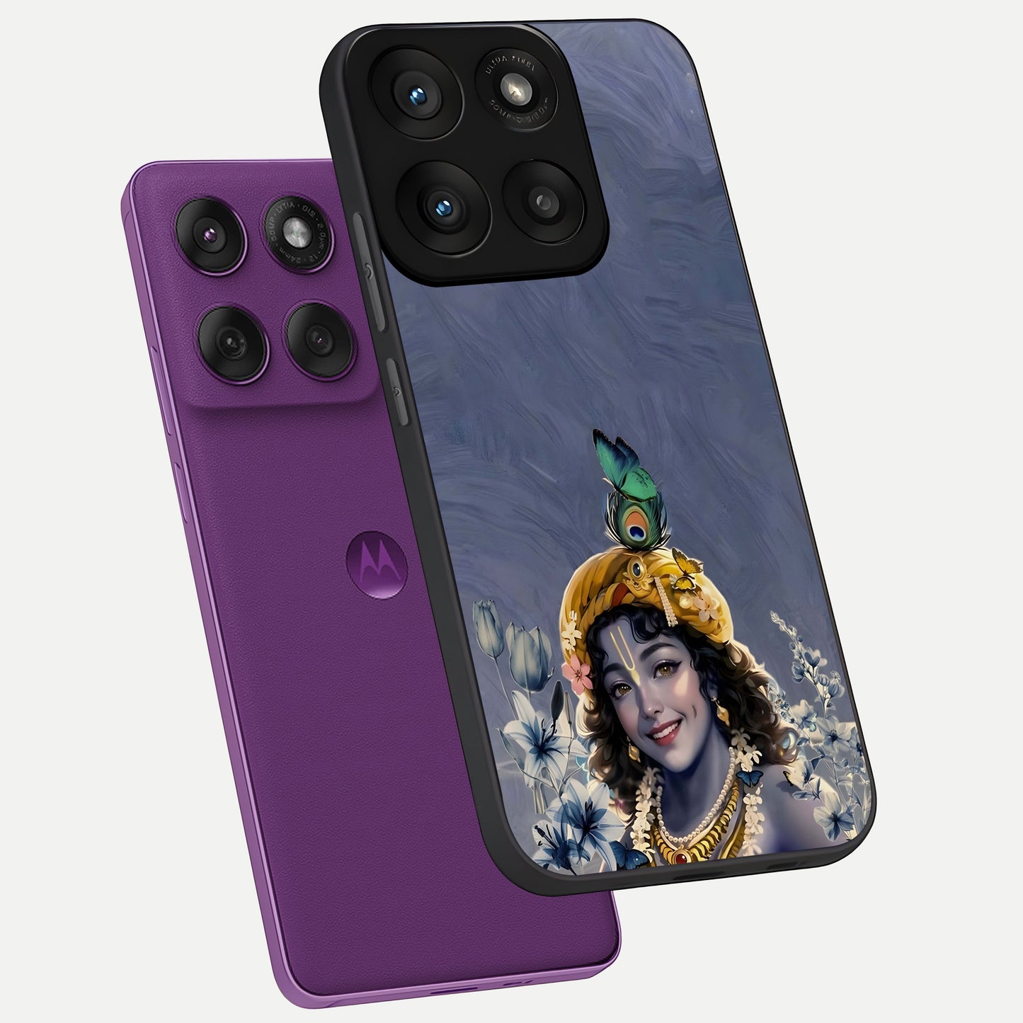  Lord Krishna phone case For Moto Edge 60 Pro showing premium glass back cover with detailed artwork