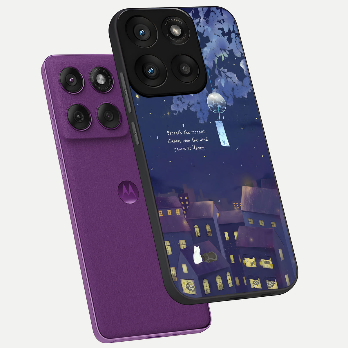  Moonlit Cat Silence phone case For Moto Edge 60 Pro showing premium glass back cover with detailed artwork