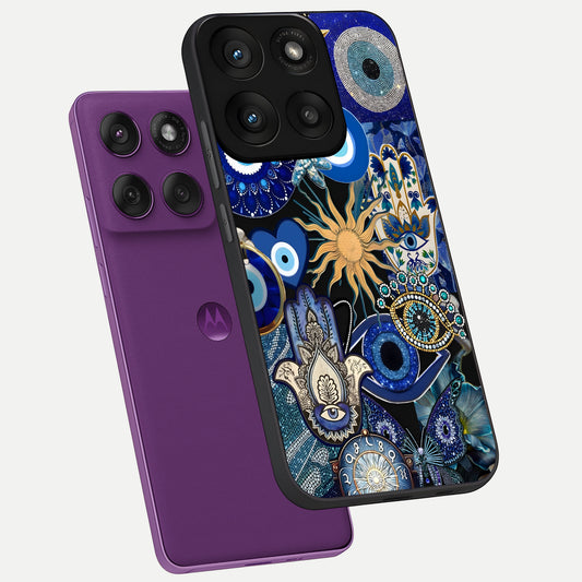  Mystic Blue Evil Eye phone case For Moto Edge 60 Pro showing premium glass back cover with detailed artwork