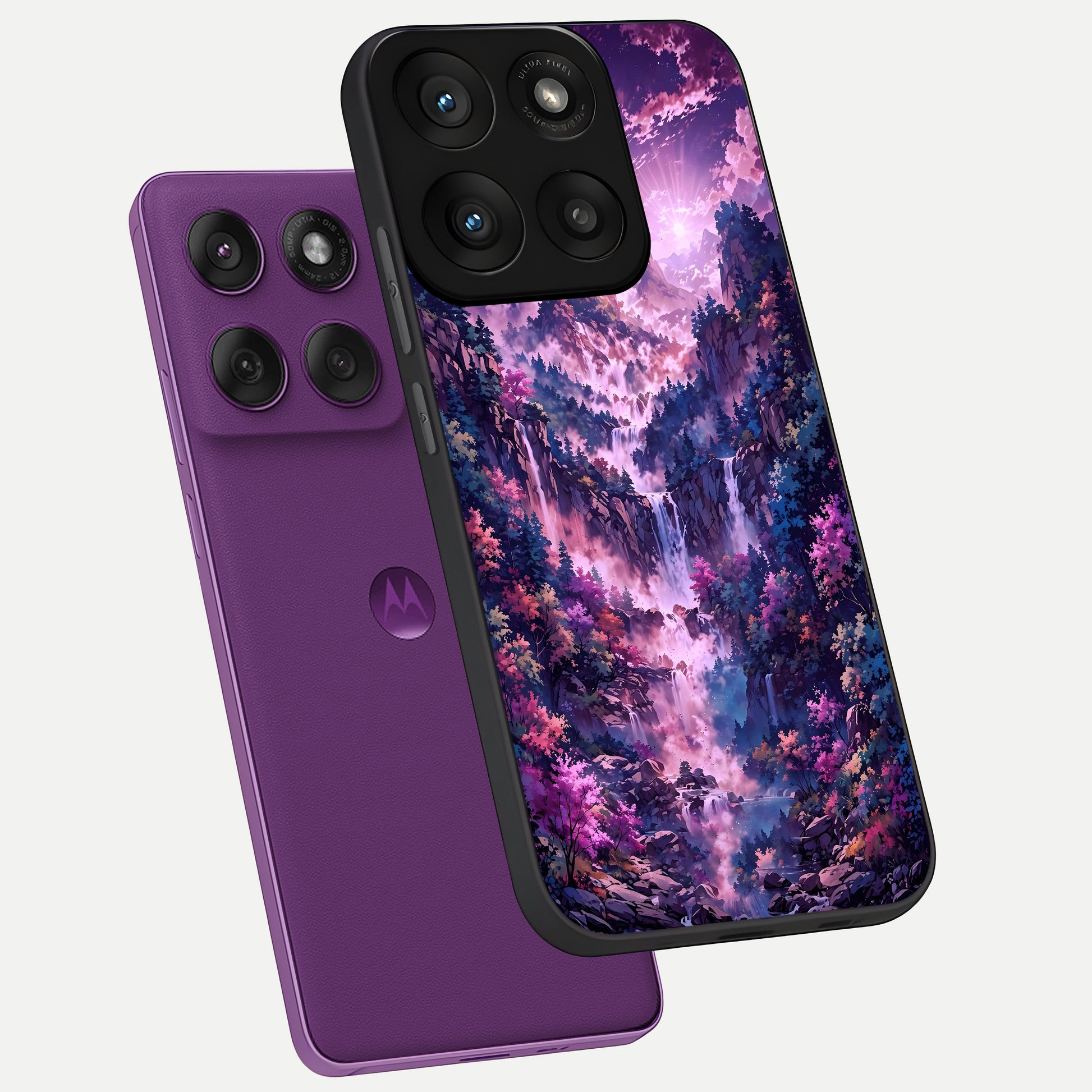  Mystic Cascade Peaks phone case For Moto Edge 60 Pro showing premium glass back cover with detailed artwork