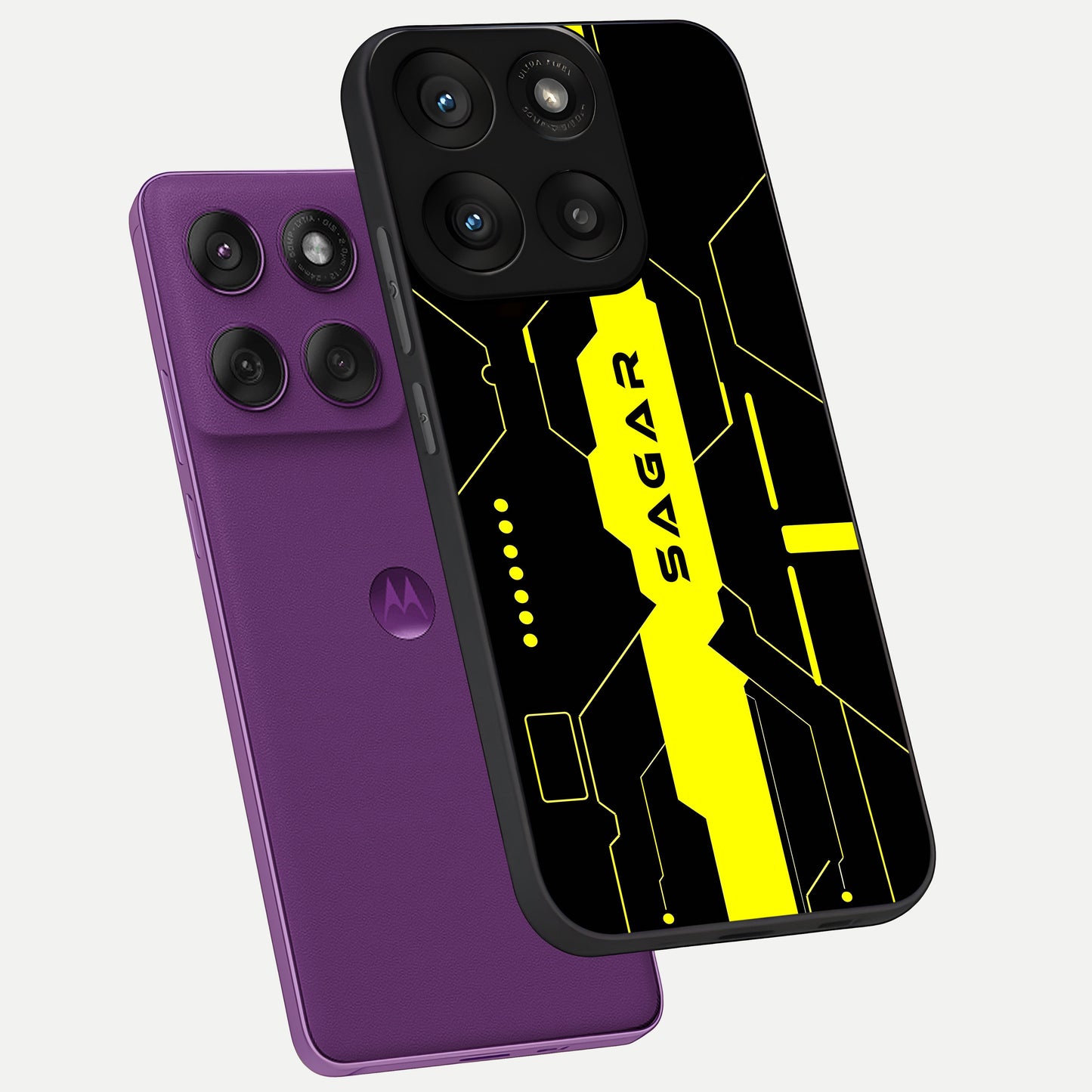  Neon CYBERPUNK Custom Name phone case For Moto Edge 60 Pro showing premium glass back cover with detailed artwork