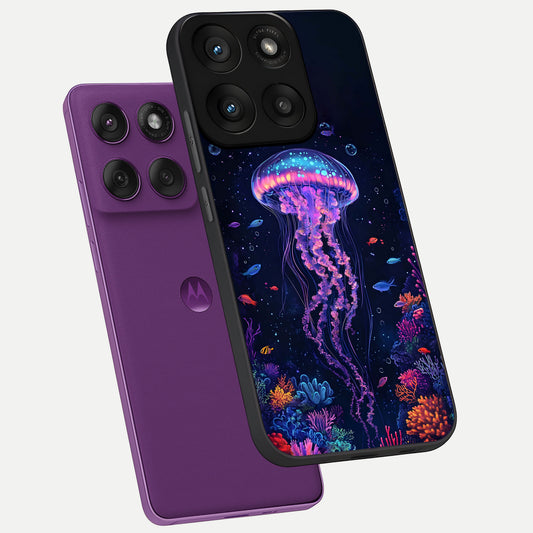  Neon Jellyfish phone case For Moto Edge 60 Pro showing premium glass back cover with detailed artwork
