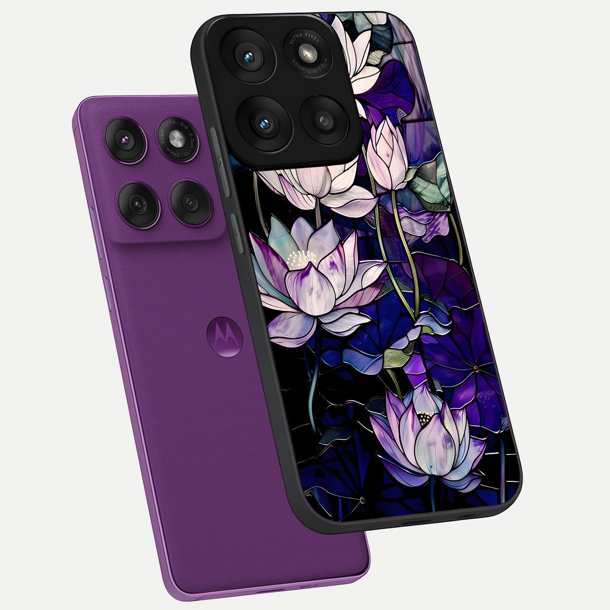  Purple Lotus Pattern phone case For Moto Edge 60 Pro showing premium glass back cover with detailed artwork