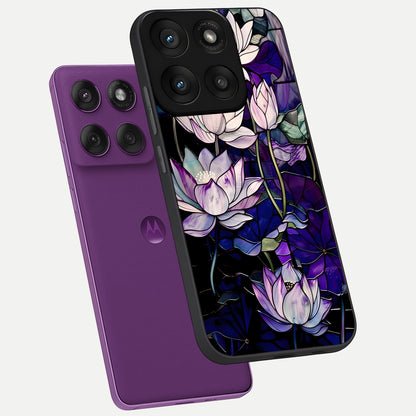  Purple Lotus Pattern phone case For Moto Edge 60 Pro showing premium glass back cover with detailed artwork