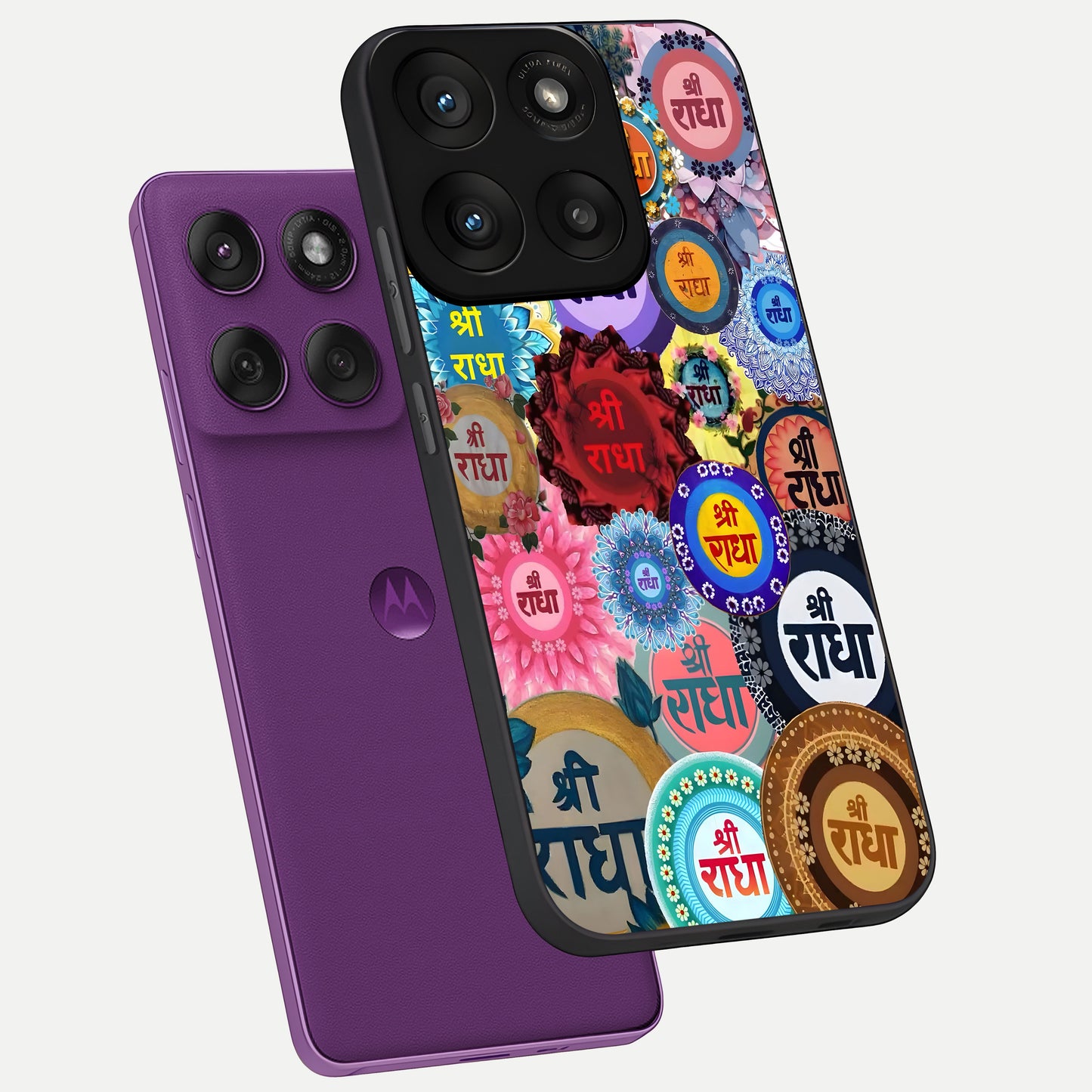  Radha Divine Bloom phone case For Moto Edge 60 Pro showing premium glass back cover with detailed artwork