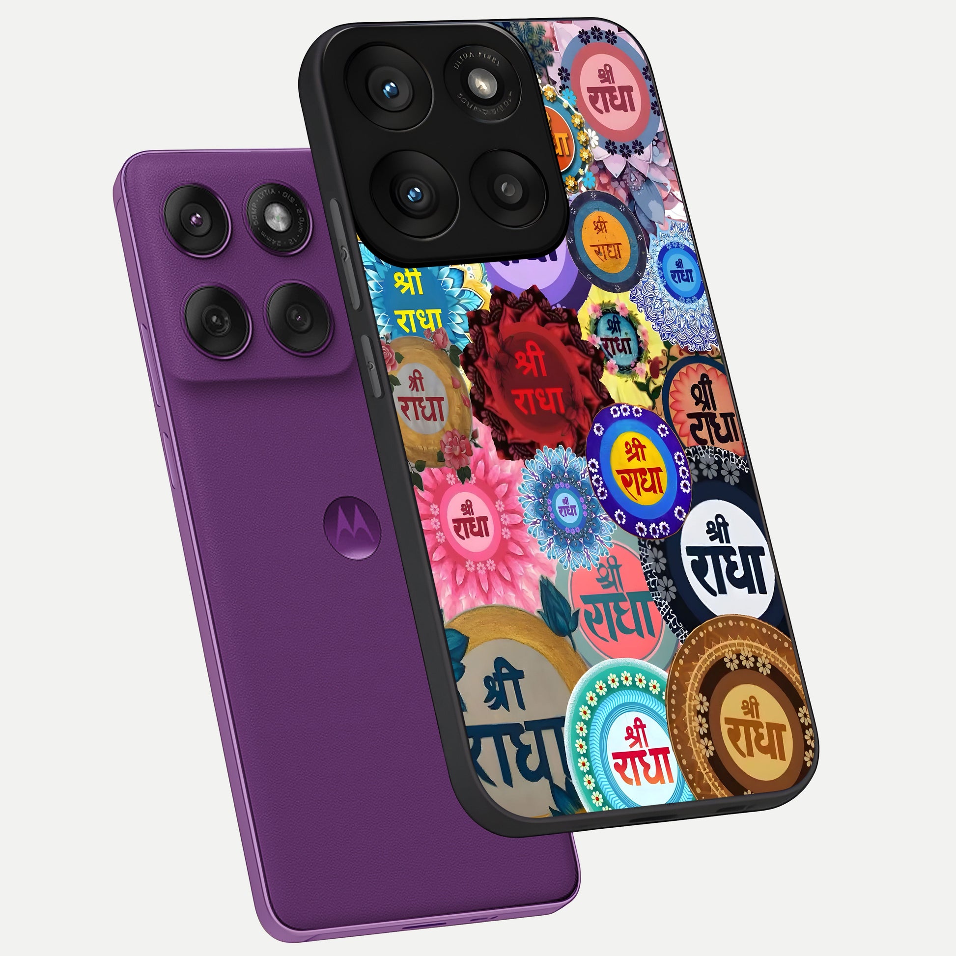  Radha Divine Bloom phone case For Moto Edge 60 Pro showing premium glass back cover with detailed artwork