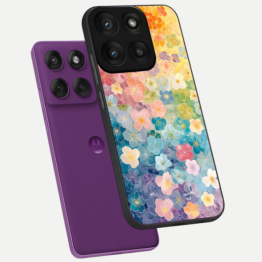  Rainbow Blossom Burst phone case For Moto Edge 60 Pro showing premium glass back cover with detailed artwork