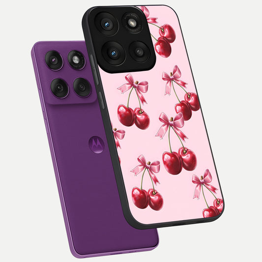  Red Cherries Pattern phone case For Moto Edge 60 Pro showing premium glass back cover with detailed artwork