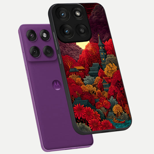  Scarlet Autumn Temple phone case For Moto Edge 60 Pro showing premium glass back cover with detailed artwork