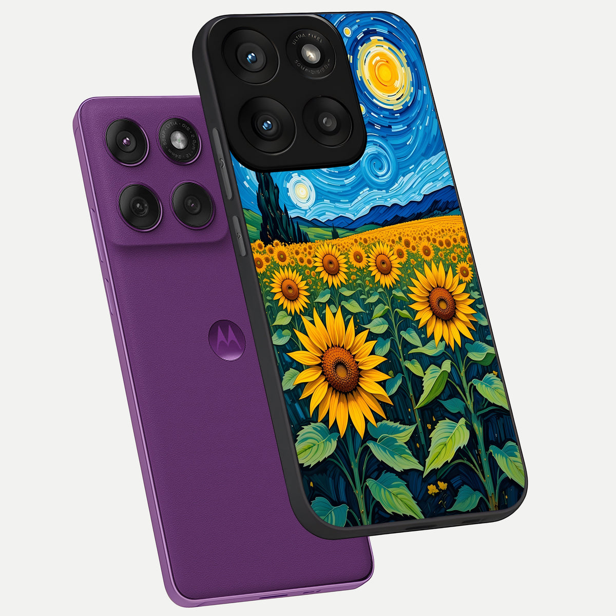  Starry Sunflower Dreams phone case For Moto Edge 60 Pro showing premium glass back cover with detailed artwork