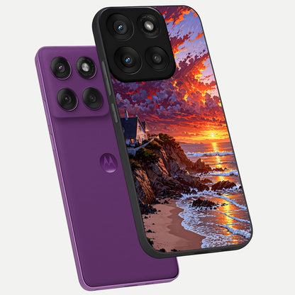  Sunset House By Sea phone case For Moto Edge 60 Pro showing premium glass back cover with detailed artwork