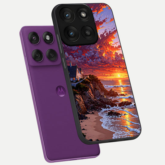  Sunset House By Sea phone case For Moto Edge 60 Pro showing premium glass back cover with detailed artwork