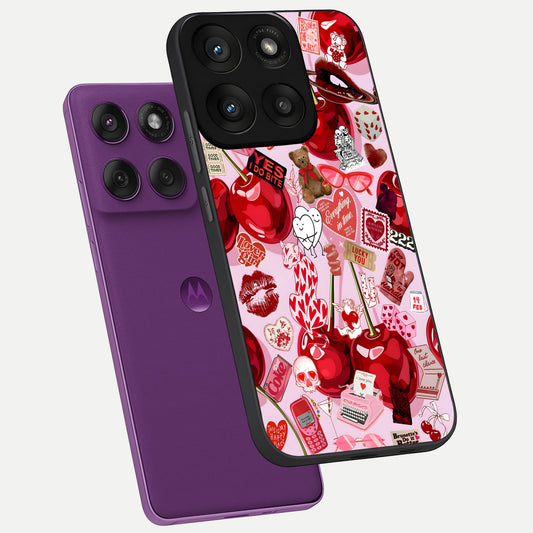  Sweet Cherry Chaos phone case For Moto Edge 60 Pro showing premium glass back cover with detailed artwork