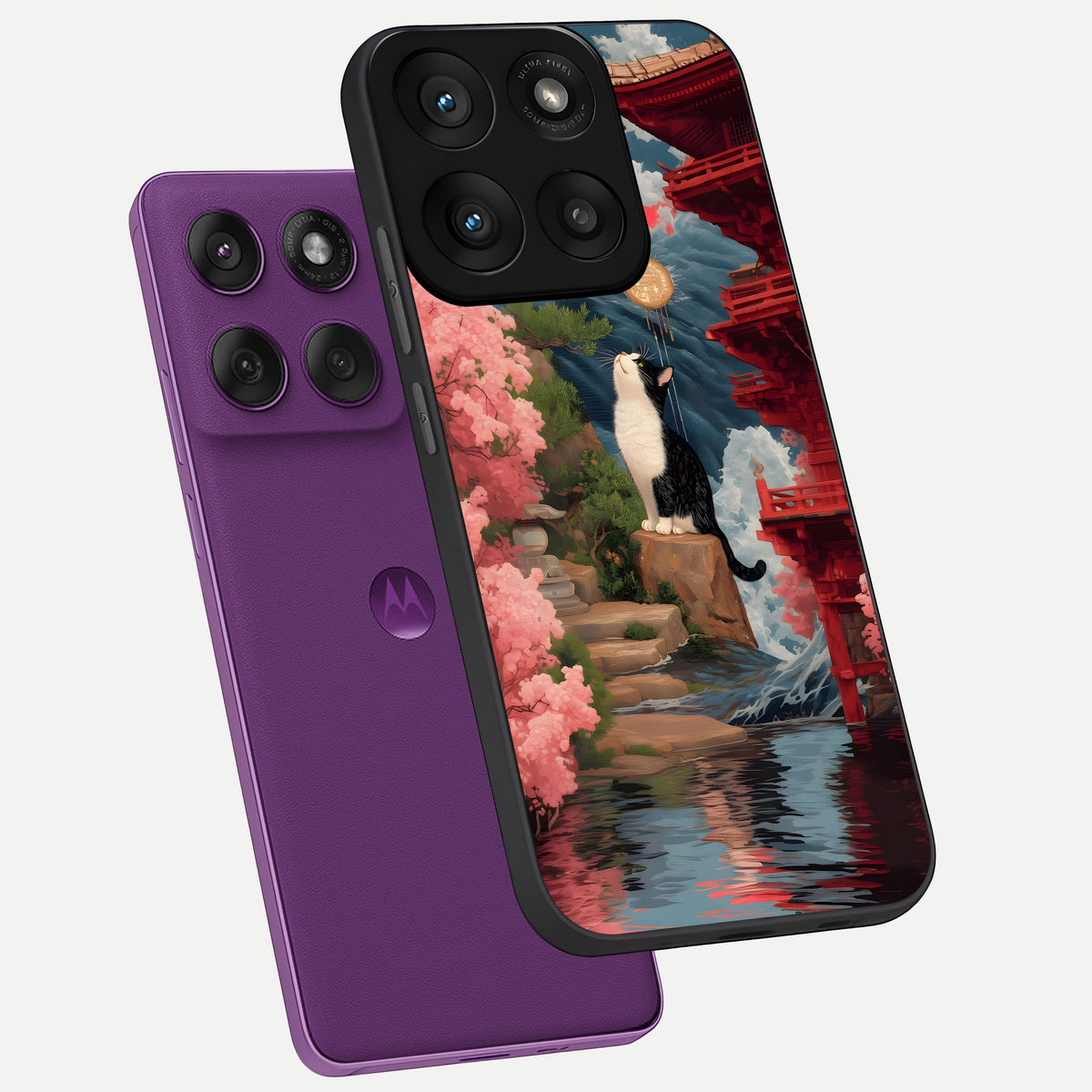  Temple Cat Scenery phone case For Moto Edge 60 Pro showing premium glass back cover with detailed artwork