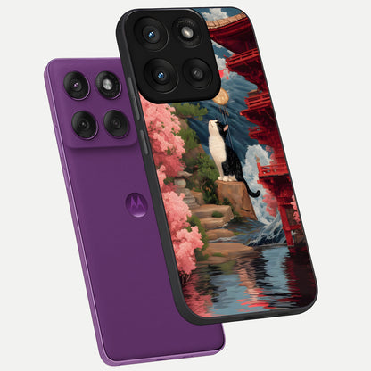  Temple Cat Scenery phone case For Moto Edge 60 Pro showing premium glass back cover with detailed artwork