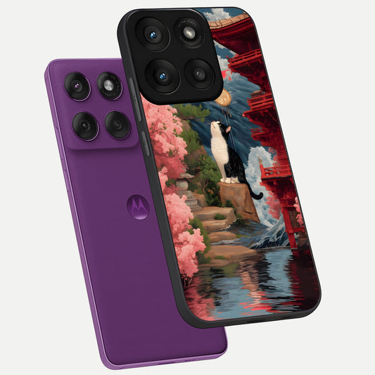 Temple Cat Scenery phone case For Moto Edge 60 Pro showing premium glass back cover with detailed artwork