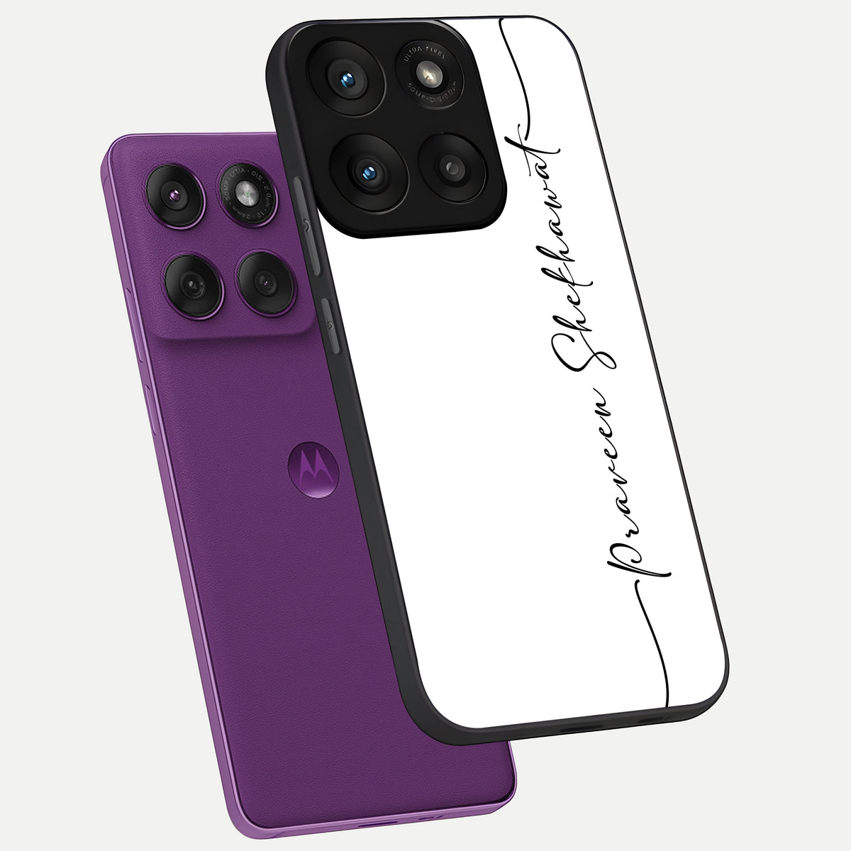  White Tune Custom Name phone case For Moto Edge 60 Pro showing premium custom name glass back cover