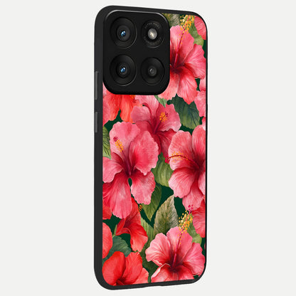  Hibiscus Pattern back cover For Moto Edge 60 Pro slim fit glass case with vibrant aesthetic design