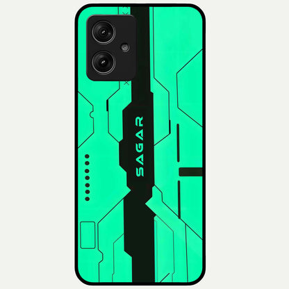  Aqua Tech CYBERPUNK Custom Name Glass Case For Moto G54 back cover – full design glossy printed glass finish
