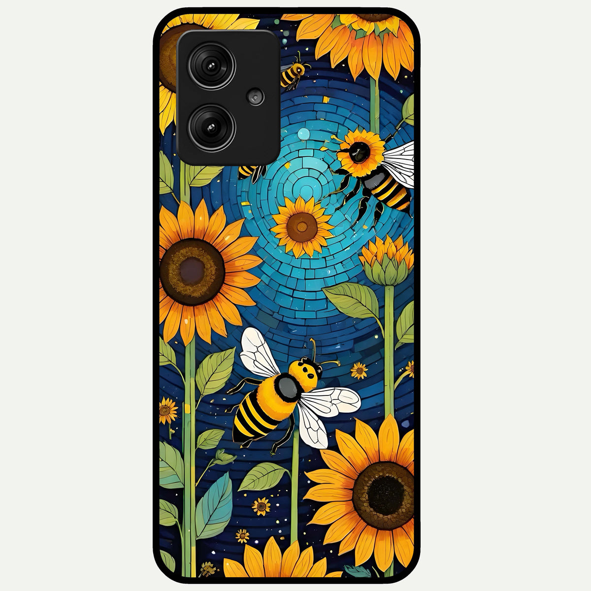  Bees And Sunflowers Glass Case For Moto G54 back cover – full design glossy printed glass finish