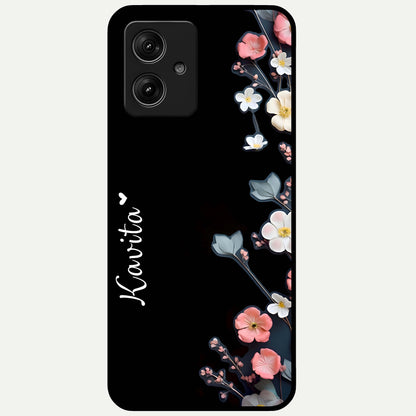  Black Elegance Floral Custom Name Glass Case For Moto G54 back cover – full design glossy printed glass finish