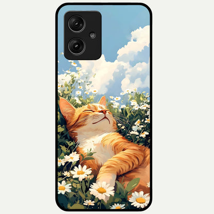  Cat And Flowers View Glass Case For Moto G54 back cover – full design glossy printed glass finish