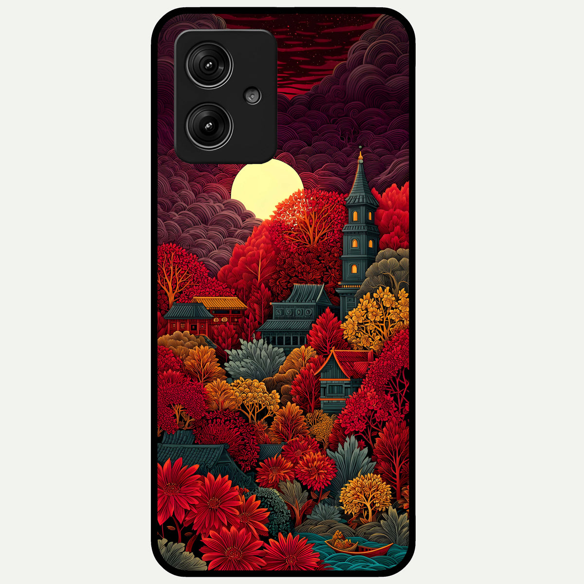  Scarlet Autumn Temple Glass Case For Moto G54 back cover – full design glossy printed glass finish