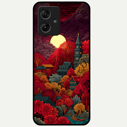  Scarlet Autumn Temple Glass Case For Moto G54 back cover – full design glossy printed glass finish