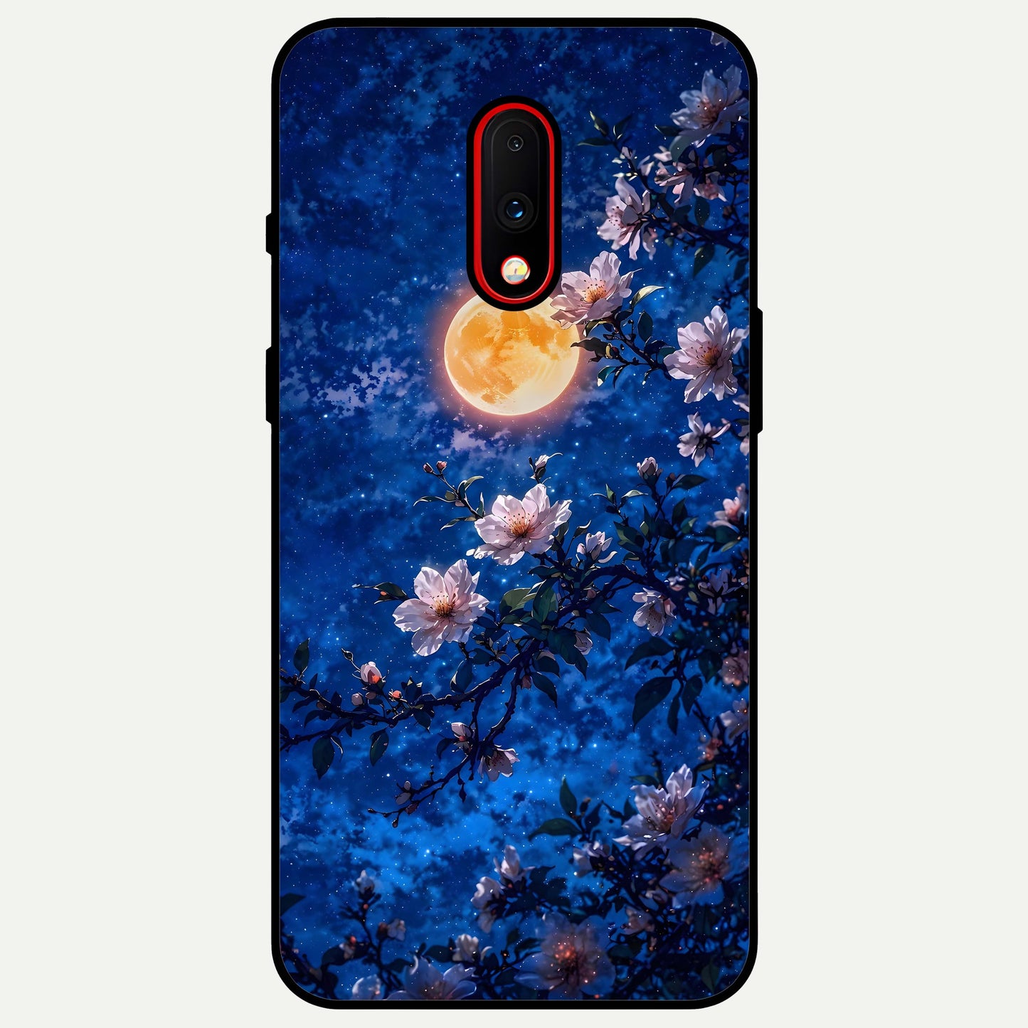 Moonlit Blossoms Night Glass Case captured at a warm angle highlighting deep night contrast, gloss, and edge clarity.