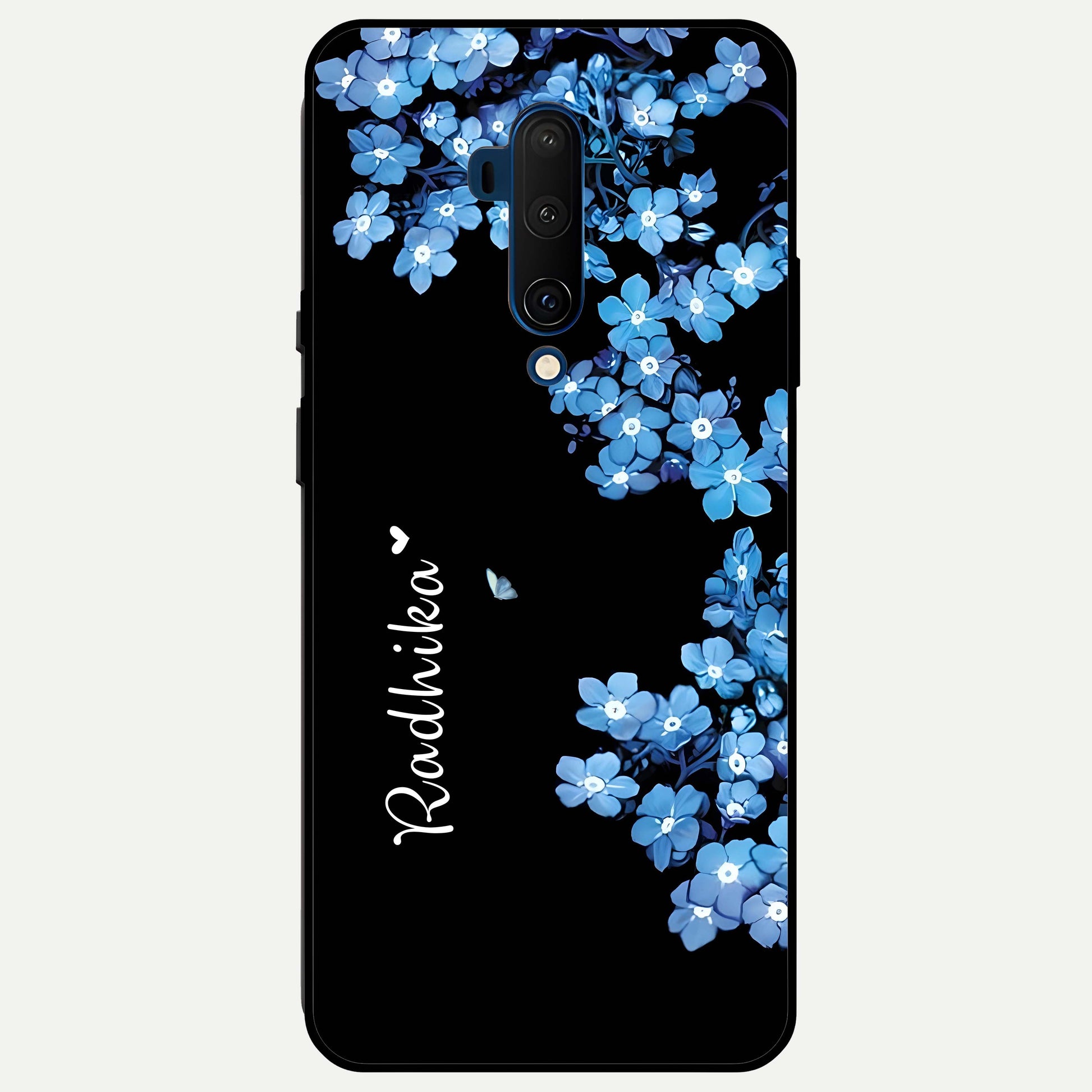 Blue Petal Dream Custom Name Glass Case captured at a warm angle highlighting gentle hues, gloss, and edge clarity.