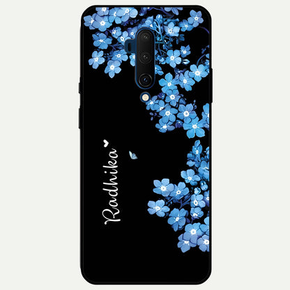 Blue Petal Dream Custom Name Glass Case captured at a warm angle highlighting gentle hues, gloss, and edge clarity.
