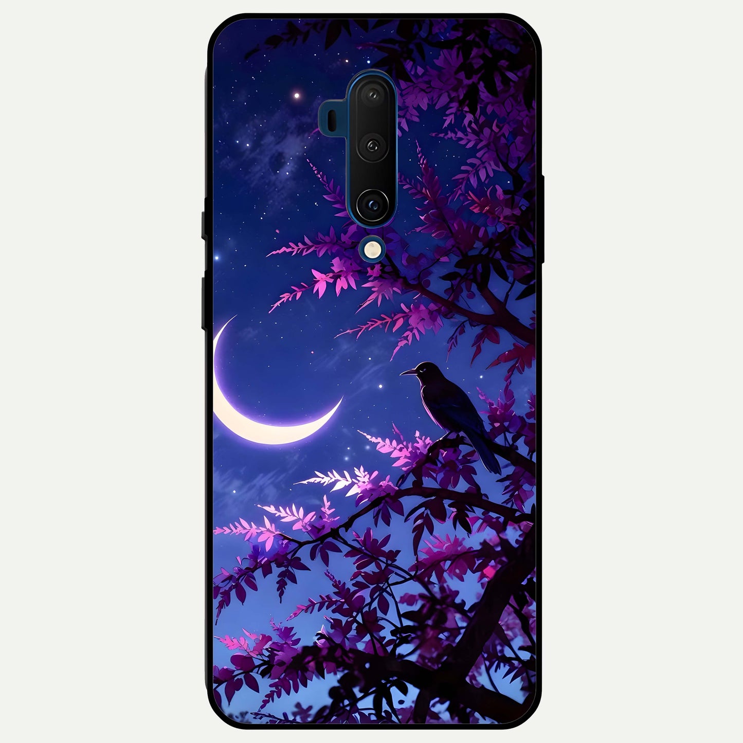 Crow & Moon Scenery Glass Case captured at a warm angle highlighting night contrasts, gloss, and edge clarity.