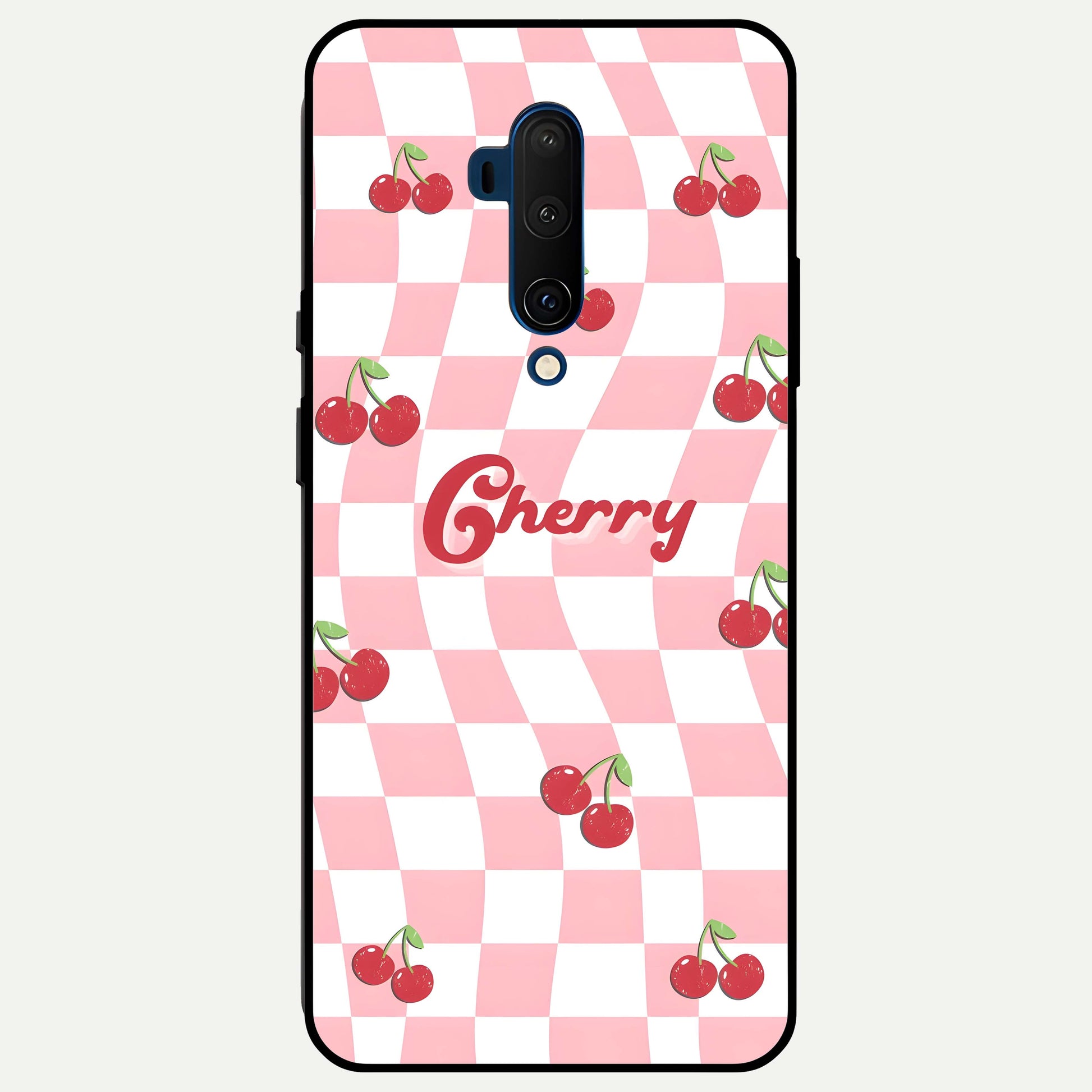 Sweet Cherry Vibes Glass Case captured at a warm angle highlighting vibrant red tones, gloss, and edge clarity.