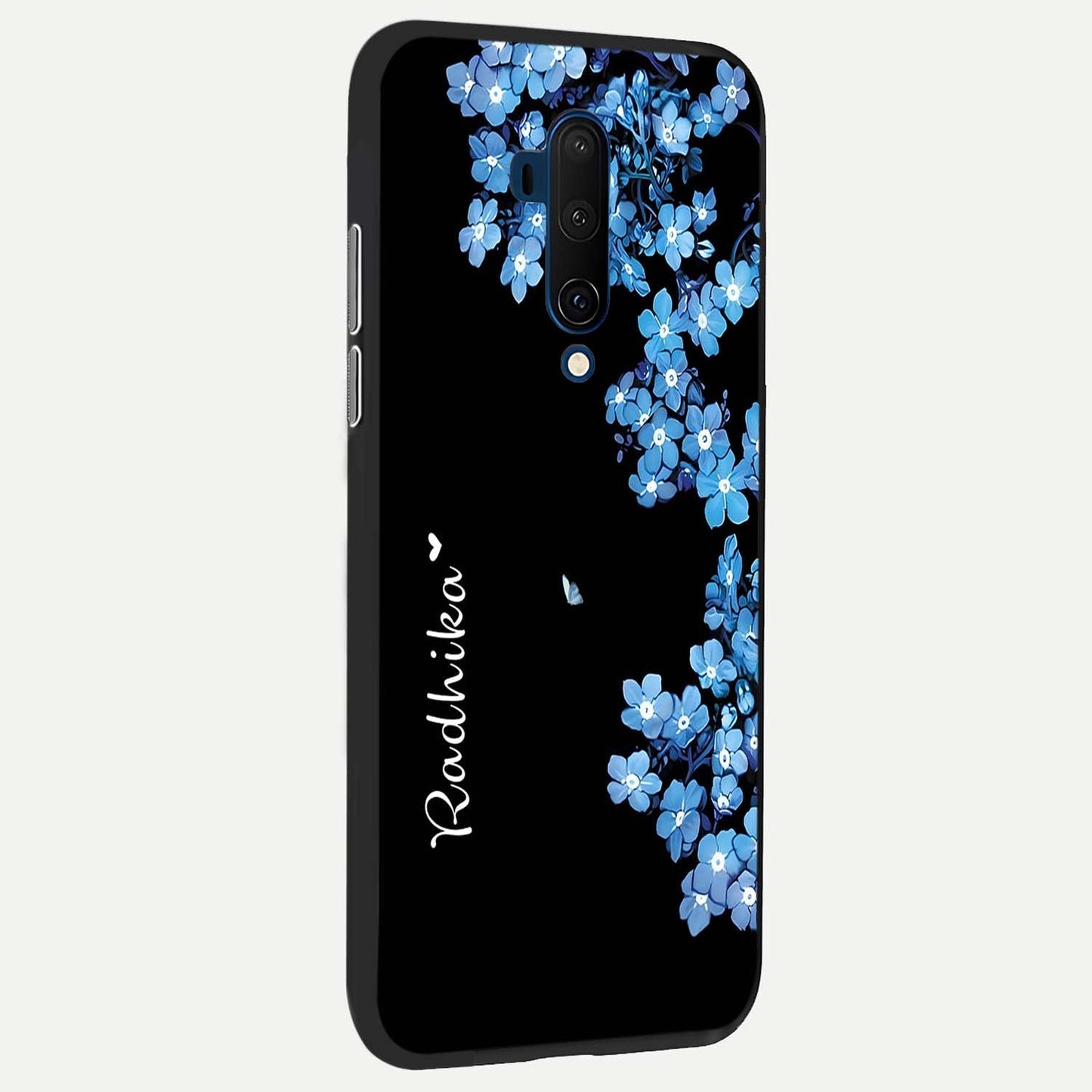 Blue Petal Dream Custom Name Glass Case showing full back design in clean flat view with soft blue petals and glossy glass finish.