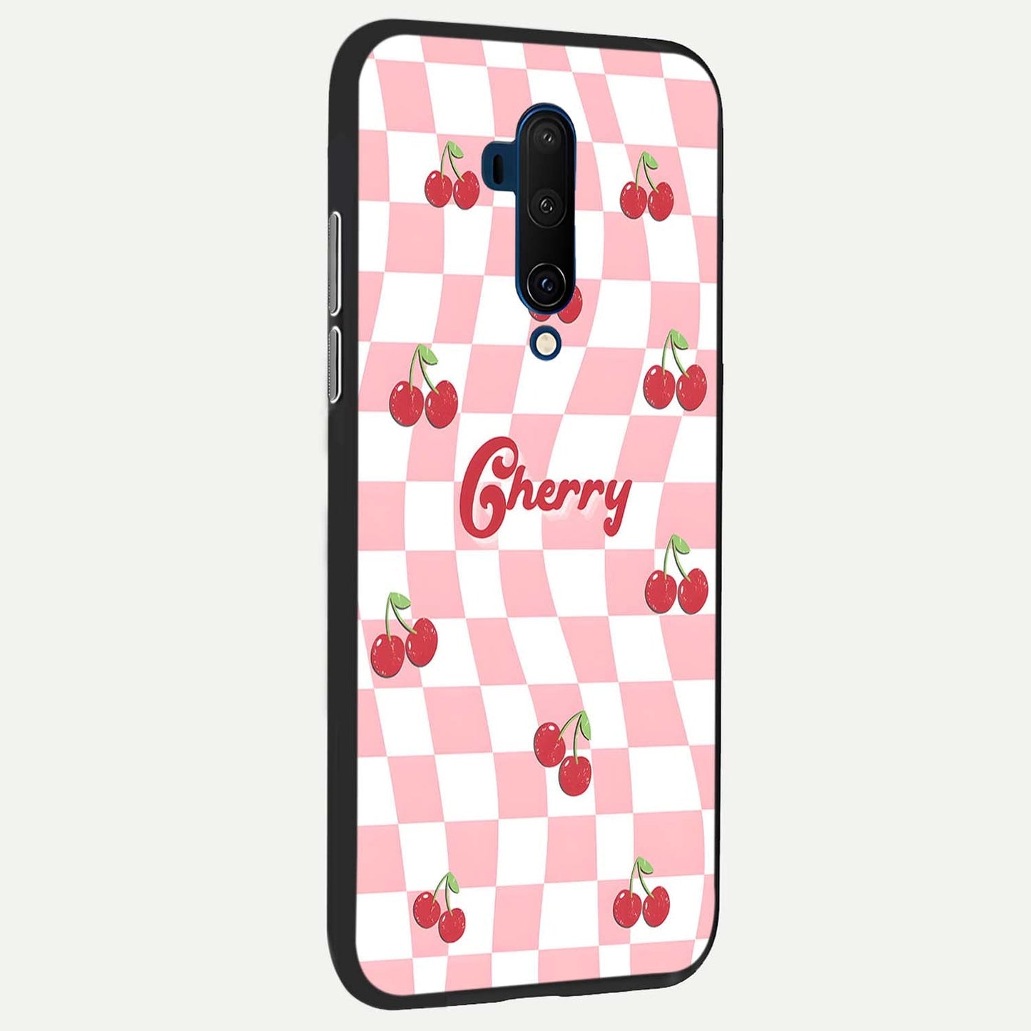 Sweet Cherry Vibes Glass Case showing full back design in clean flat view with cheerful cherry artwork and glossy glass finish.