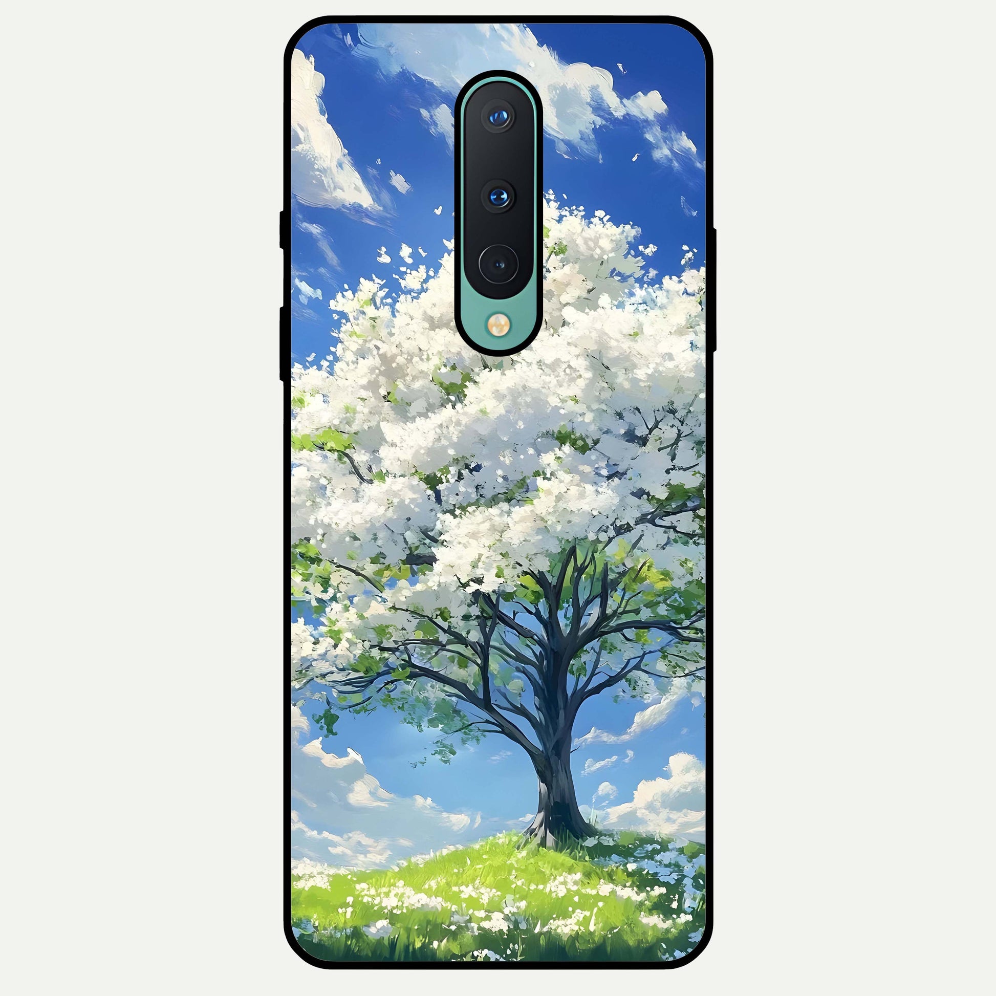 Blossom Sky Serenity Glass Case captured at a warm angle highlighting gentle tones, gloss, and edge clarity.