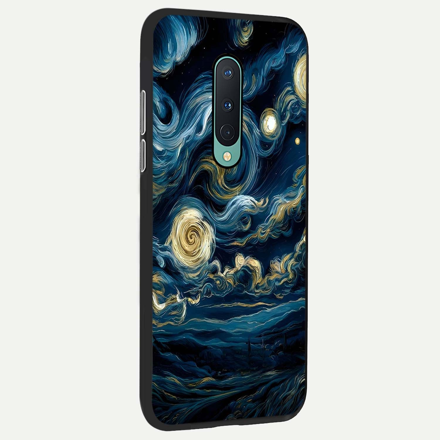 Midnight Sky Whirl Glass Case showing full back design in clean flat view with swirling night sky patterns and glossy glass finish.