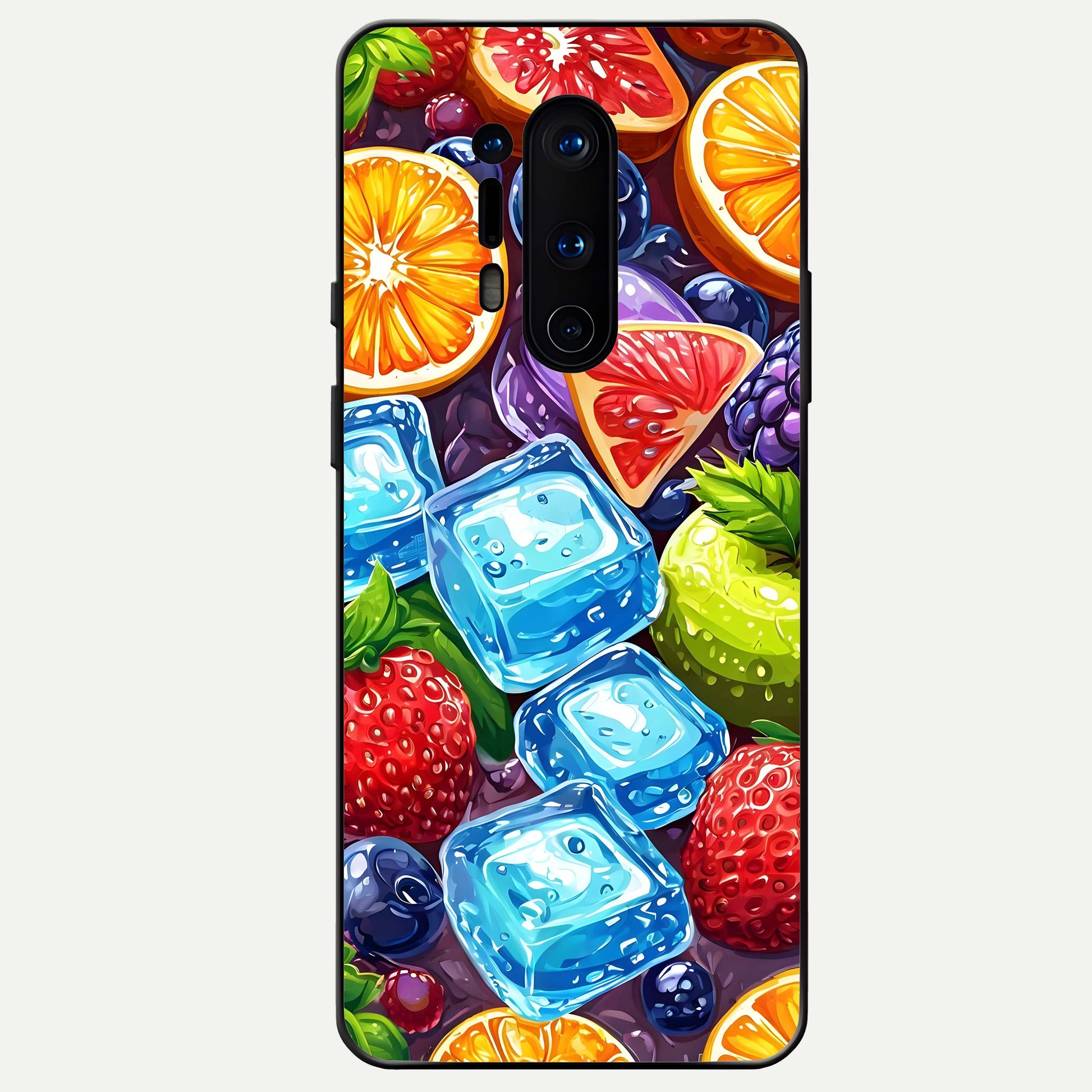 Colorful Fruits With Ice Glass Case captured at a warm angle highlighting vibrant colors, gloss, and edge clarity.