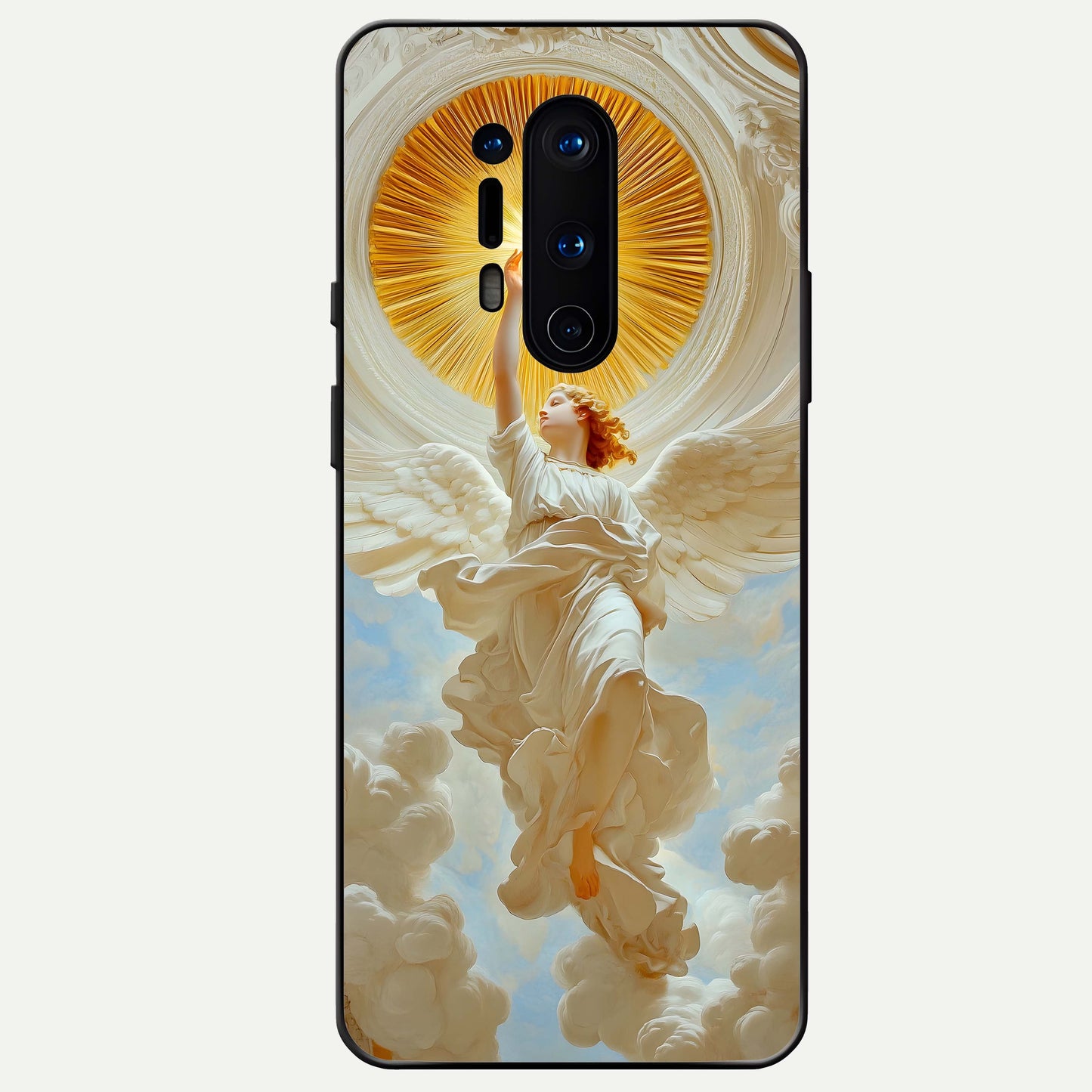Divine Light Angel Glass Case captured at a warm angle highlighting soft glow, gloss, and edge clarity.