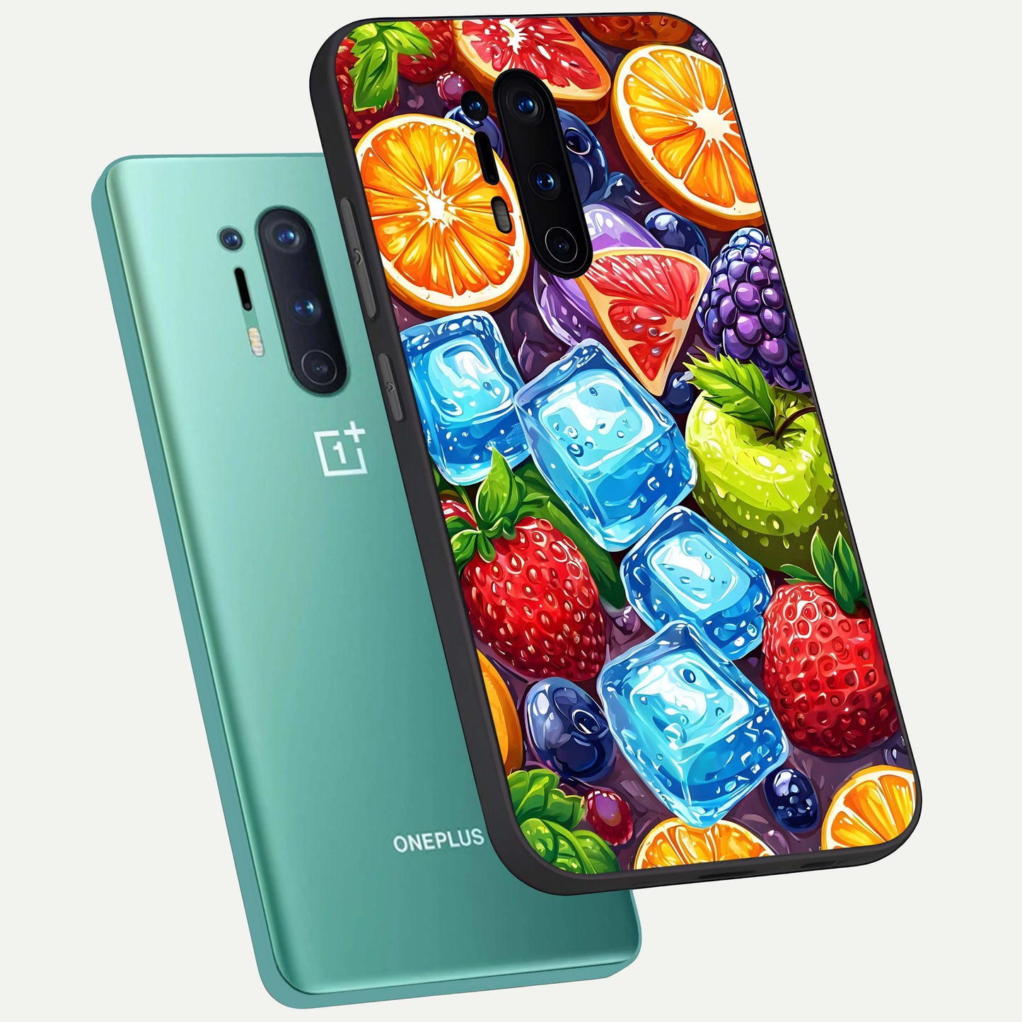 Colorful Fruits With Ice Glass Case displayed upright for refreshing design visibility and premium finish.