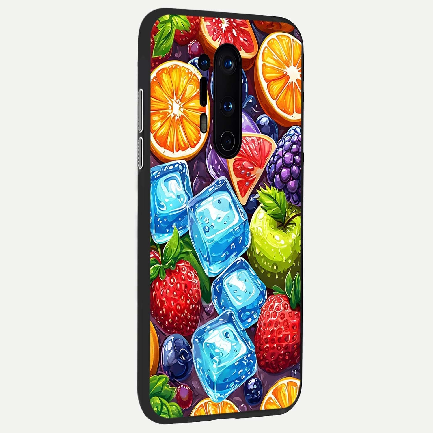 Colorful Fruits With Ice Glass Case showing full back design in clean flat view with chilled fruit artwork and glossy glass finish.