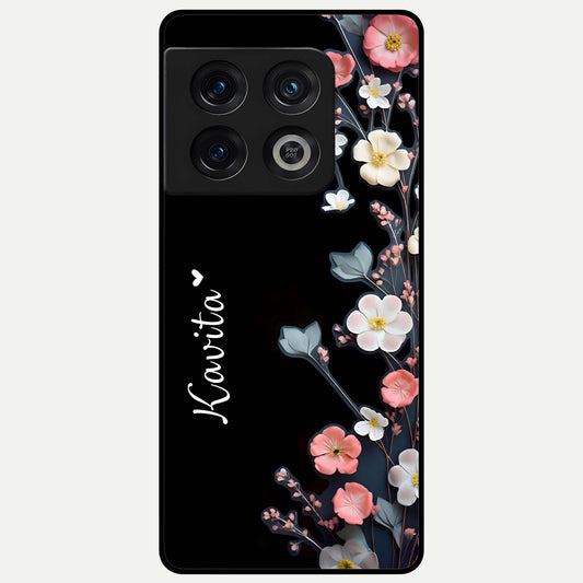  Black Elegance Floral Custom Name Glass Case For OnePlus 10 Pro back cover – full design glossy printed glass finish